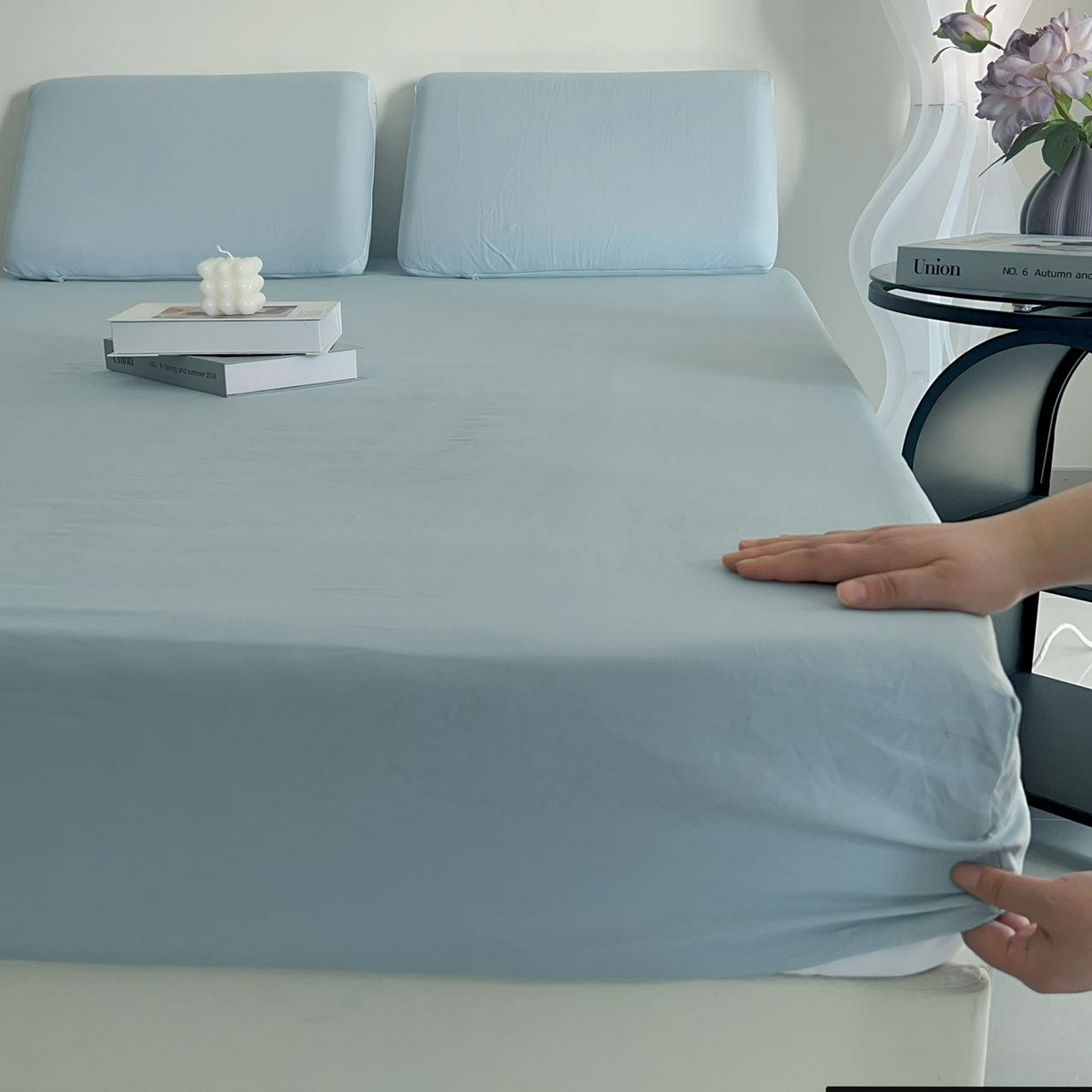 91家纺网 家纺一手货源 找家纺 兜米家居 2025新款纯色全棉床笠 静湖蓝