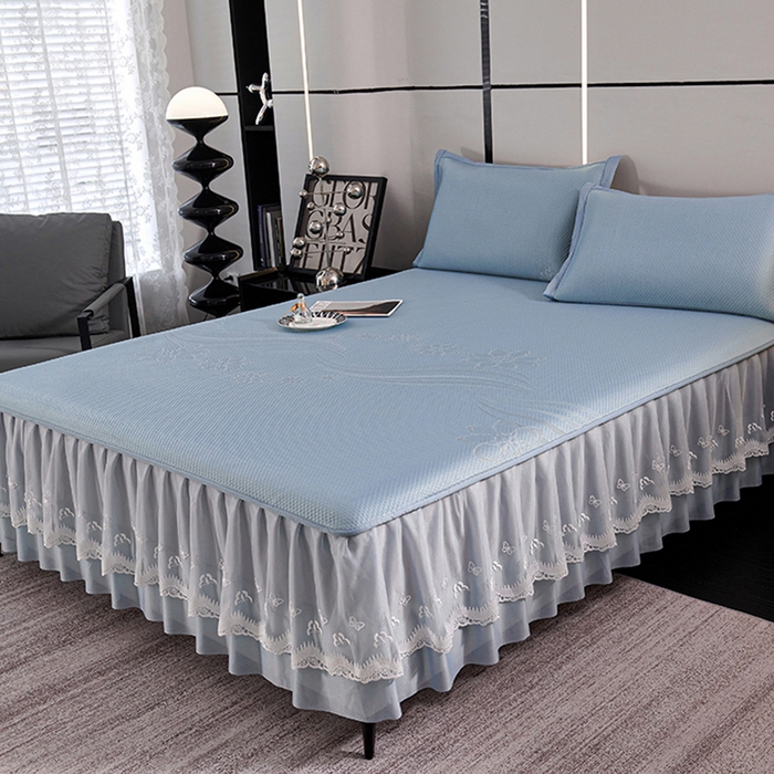 91家纺网 家纺一手货源 找家纺 梵克保罗 2025新款7A抗菌母婴级纯乙纶PE刺绣凉感丝豆豆席 床裙款 床裙款 浪花-蓝