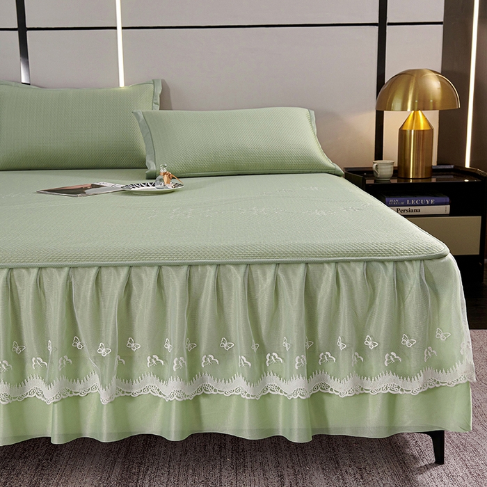 91家纺网 家纺一手货源 找家纺 梵克保罗 2025新款7A抗菌母婴级纯乙纶PE刺绣凉感丝豆豆席 床裙款 床裙款 浪花-水绿