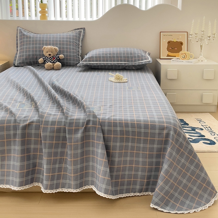 91家纺网 家纺一手货源 找家纺 梵克保罗 2025新款鱼骨棉老粗布凉席花边款床单三件套 格韵-灰