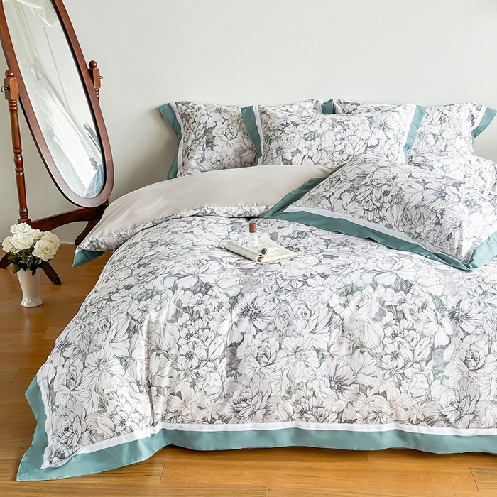 91家纺网 家纺一手货源 找家纺 巧玲珑 2025新款60支A类进口数码印花美式双拼四季款长绒棉四件套 梨花谷