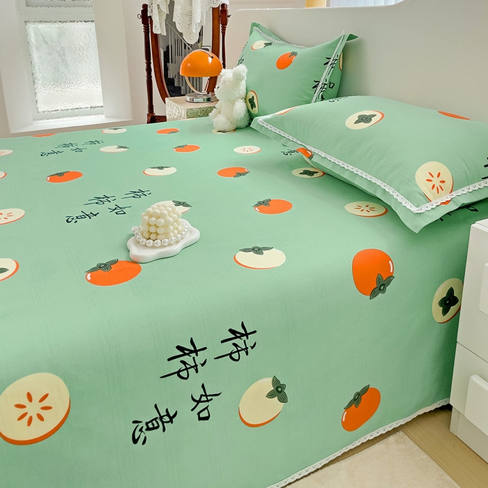 91家纺网 家纺一手货源 找家纺 梵克保罗 2025新款鱼骨棉老粗布凉席花边款床单三件套 柿柿如意-绿