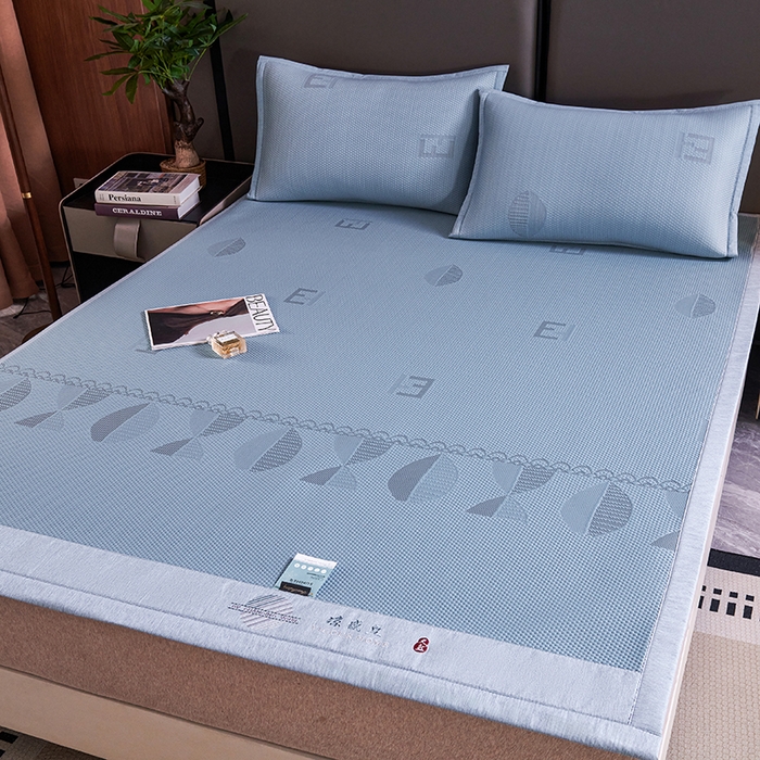 91家纺网 家纺一手货源 找家纺 梵克保罗 2025新款7A抗菌母婴级纯乙纶PE刺绣凉感丝豆豆席 叶子-蓝