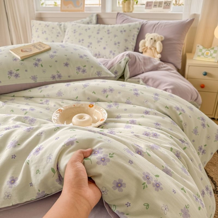 91家纺网 家纺一手货源 找家纺 2025新款40s全棉双层纱圆角吊边款四件套 浅梦-紫