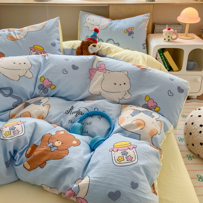 91家纺网 家纺一手货源 找家纺 冕悠家纺 2025新款A类高克重糯叽叽超柔糯水洗棉印花四件套 小奶喵