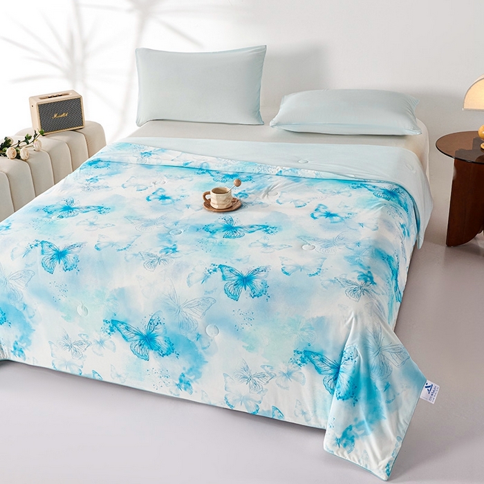 91家纺网 家纺一手货源 找家纺 缔锦家纺 2025新款凉感丝印花夏被 蝶恋-海盐兰