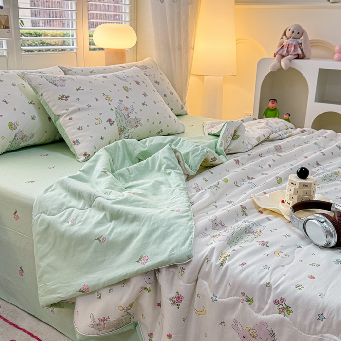 91家纺网 家纺一手货源 找家纺 洺兰家居 2025新款A类全棉印花麻绳款夏被四件套 月兔