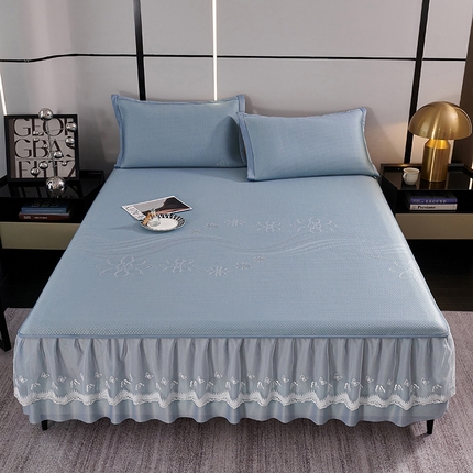 梵克保罗 2025新款7A抗菌母婴级纯乙纶PE刺绣凉感丝豆豆席 床裙款 床裙款 浪花-蓝