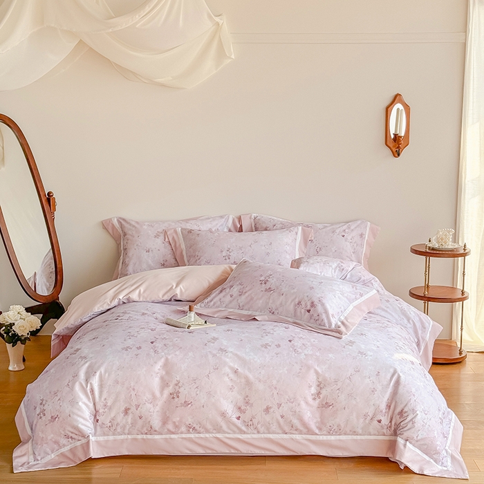 91家纺网 家纺一手货源 找家纺 巧玲珑 2025新款60支A类进口数码印花美式双拼四季款长绒棉四件套 岸芷汀兰