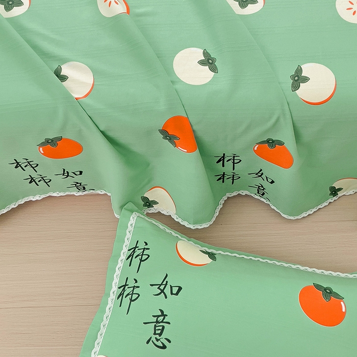 91家纺网 家纺一手货源 找家纺 梵克保罗 2025新款鱼骨棉老粗布凉席花边款床单三件套 柿柿如意-绿