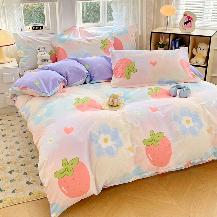 91家纺网 家纺一手货源 找家纺 世爵 2025新款全棉印花小清新套件系列-四件套 清甜草莓