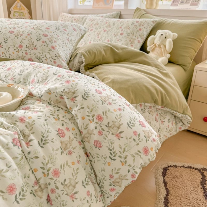 91家纺网 家纺一手货源 找家纺 2025新款40s全棉双层纱圆角吊边款四件套 仙女兔