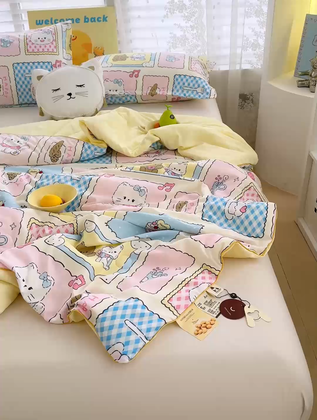 91家纺网 家纺一手货源 找家纺 星巴k家纺 2025新款A类水洗双层纱大豆纤维夏被夏凉被空调被 可爱猫咪