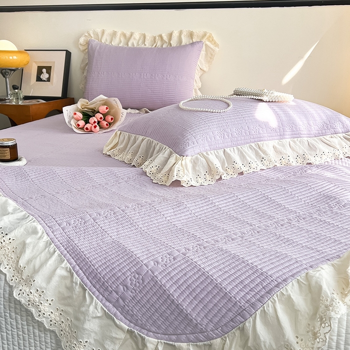 91家纺网 家纺一手货源 找家纺 沐纯家居 2025新款棉小乐花边床盖三件套 梦幻紫