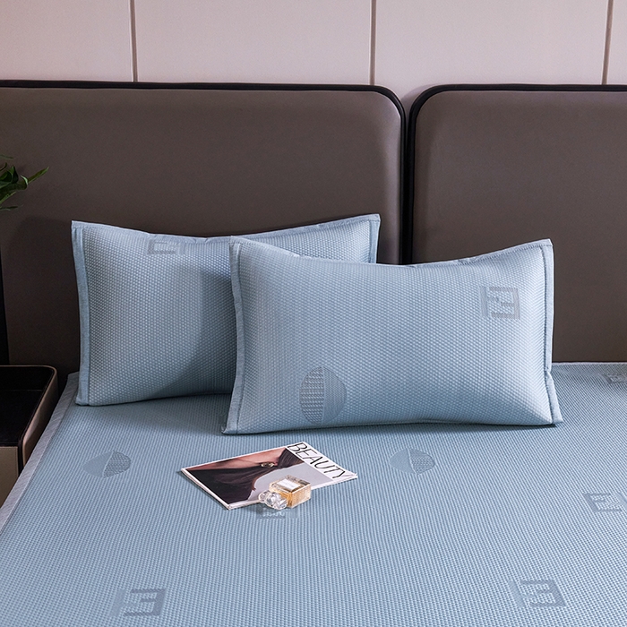 91家纺网 家纺一手货源 找家纺 梵克保罗 2025新款7A抗菌母婴级纯乙纶PE刺绣凉感丝豆豆席 叶子-蓝