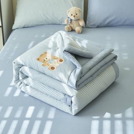 寐绸家纺  2025新款纯棉水洗棉微米格小熊款大豆纤维夏被四件套 小熊-浅蓝