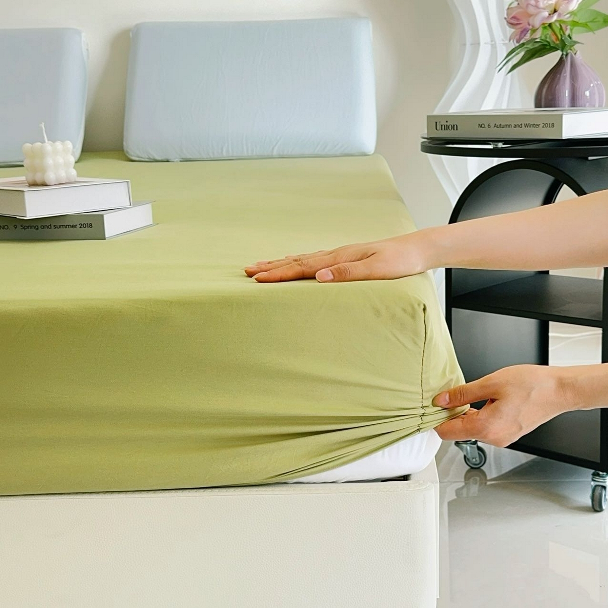 91家纺网 家纺一手货源 找家纺 兜米家居 2025新款纯色全棉床笠 山野绿