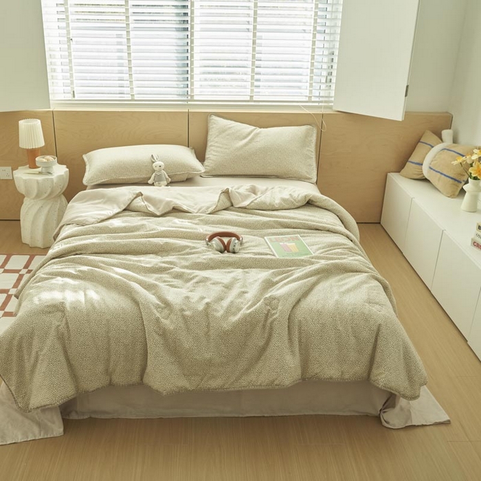 91家纺网 家纺一手货源 找家纺 寐绸家纺 2025新款纯棉双层纱印花大豆纤维夏被四件套 双层纱-半夏