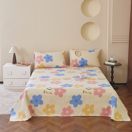 绒艺席业 2025新款简约原棉印花老粗布床单 笑脸