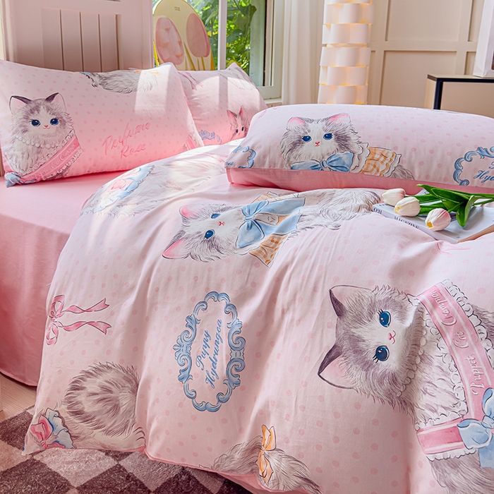 91家纺网 家纺一手货源 找家纺 澳梵家居 2025新款小清新全棉印花四件套 优雅猫咪