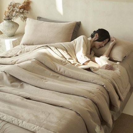 寐绸家纺 2025新款纯棉水洗棉三层提花大豆纤维夏被四件套 线球纹夏被-浅驼