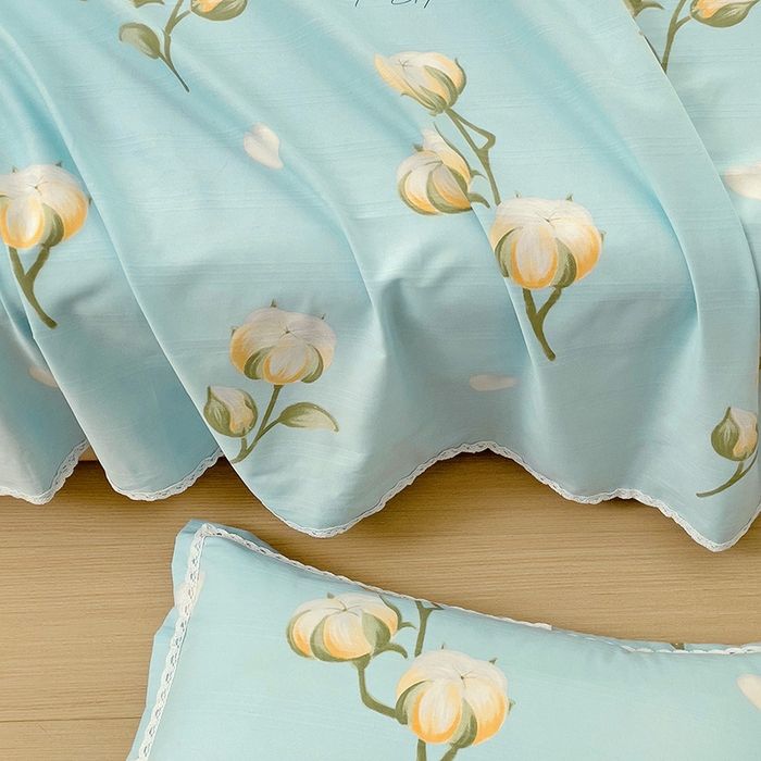 91家纺网 家纺一手货源 找家纺 梵克保罗 2025新款鱼骨棉老粗布凉席花边款床单三件套 泡泡棉