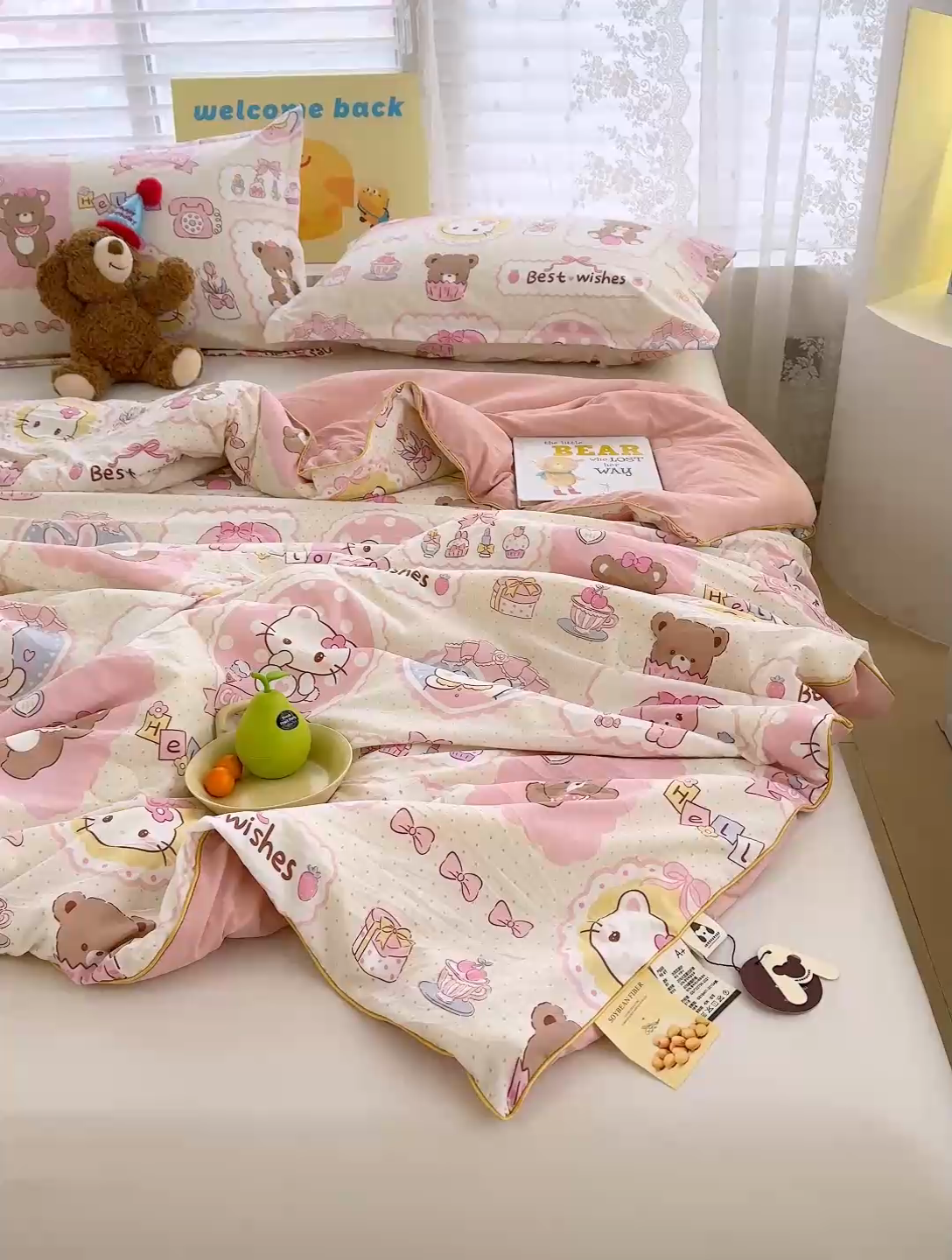 91家纺网 家纺一手货源 找家纺 星巴k家纺 2025新款A类水洗双层纱大豆纤维夏被夏凉被空调被 粉色小熊