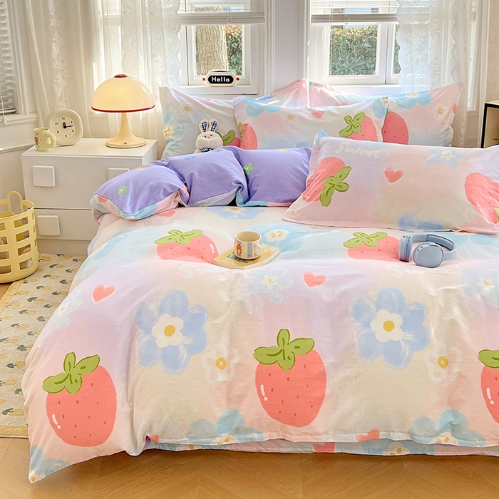 91家纺网 家纺一手货源 找家纺 世爵 2025新款全棉印花小清新套件系列-四件套 清甜草莓