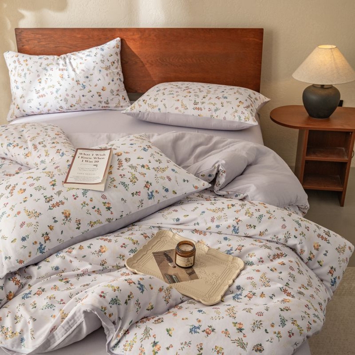 91家纺网 家纺一手货源 找家纺 2025新款40s全棉双层纱圆角吊边款四件套 春色满园-紫