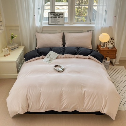 冕悠家纺 2025新款A类105克超柔褶皱水洗棉拼色四件套-单被套 藕粉+高级黑