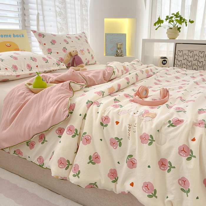 91家纺网 家纺一手货源 找家纺 星巴k家纺 2025新款A类水洗双层纱大豆纤维夏被夏凉被空调被 曼塔玫瑰