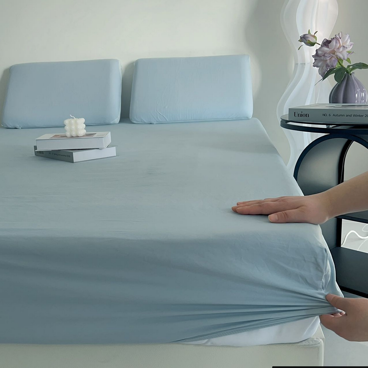 91家纺网 家纺一手货源 找家纺 兜米家居 2025新款纯色全棉床笠 静湖蓝