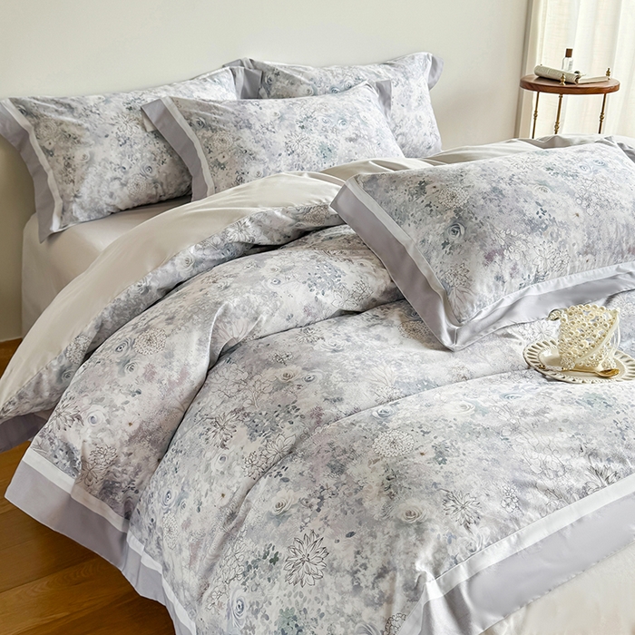 91家纺网 家纺一手货源 找家纺 巧玲珑 2025新款60支A类进口数码印花美式双拼四季款长绒棉四件套 水墨江南