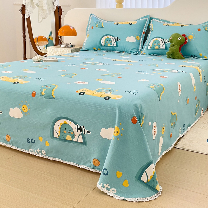 91家纺网 家纺一手货源 找家纺 梵克保罗 2025新款鱼骨棉老粗布凉席花边款床单三件套 恐龙日记