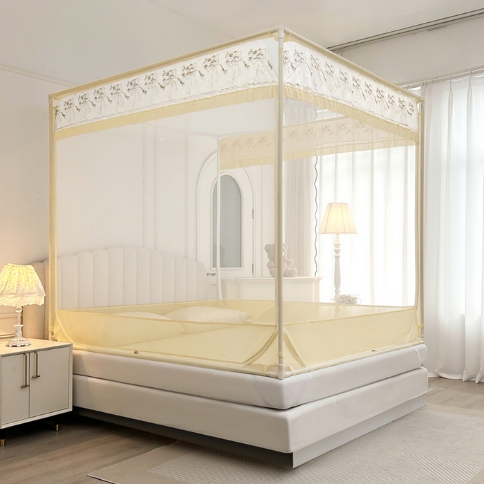 91家纺网 家纺一手货源 找家纺 2025新款双层花边全包围床笠款三开门蚊帐-幽梦星辰 奶黄