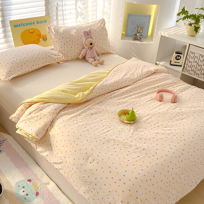 91家纺网 家纺一手货源 找家纺 星巴k家纺 2025新款A类水洗双层纱大豆纤维夏被夏凉被空调被 彩色圆点