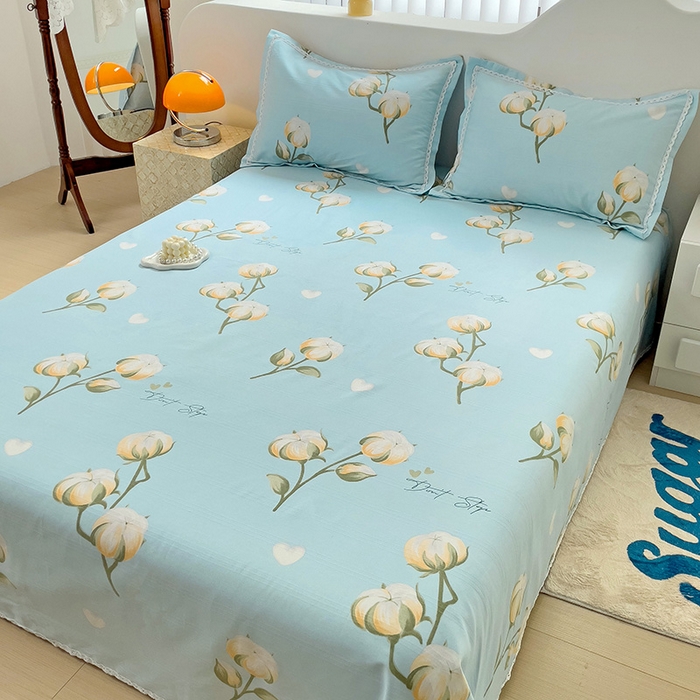 91家纺网 家纺一手货源 找家纺 梵克保罗 2025新款鱼骨棉老粗布凉席花边款床单三件套 泡泡棉