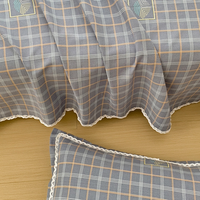 91家纺网 家纺一手货源 找家纺 梵克保罗 2025新款鱼骨棉老粗布凉席花边款床单三件套 格韵-灰