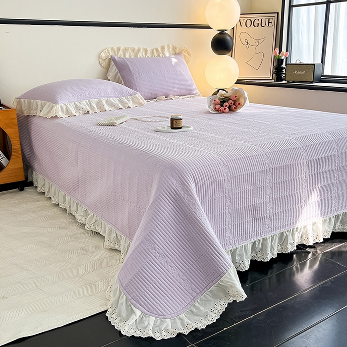 91家纺网 家纺一手货源 找家纺 沐纯家居 2025新款棉小乐花边床盖三件套 梦幻紫