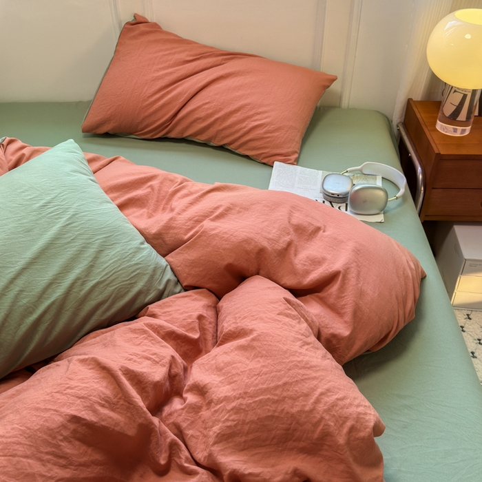 91家纺网 家纺一手货源 找家纺 （总）冕悠家纺 2025新款A类105克超柔褶皱水洗棉拼色四件套