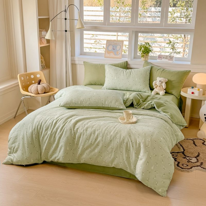 91家纺网 家纺一手货源 找家纺 2025新款40s全棉双层纱圆角吊边款四件套 白月光-绿