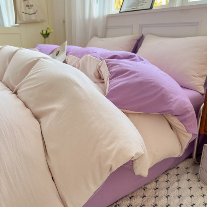 91家纺网 家纺一手货源 找家纺 冕悠家纺 2025新款A类105克超柔褶皱水洗棉拼色四件套 藕粉+丁香紫