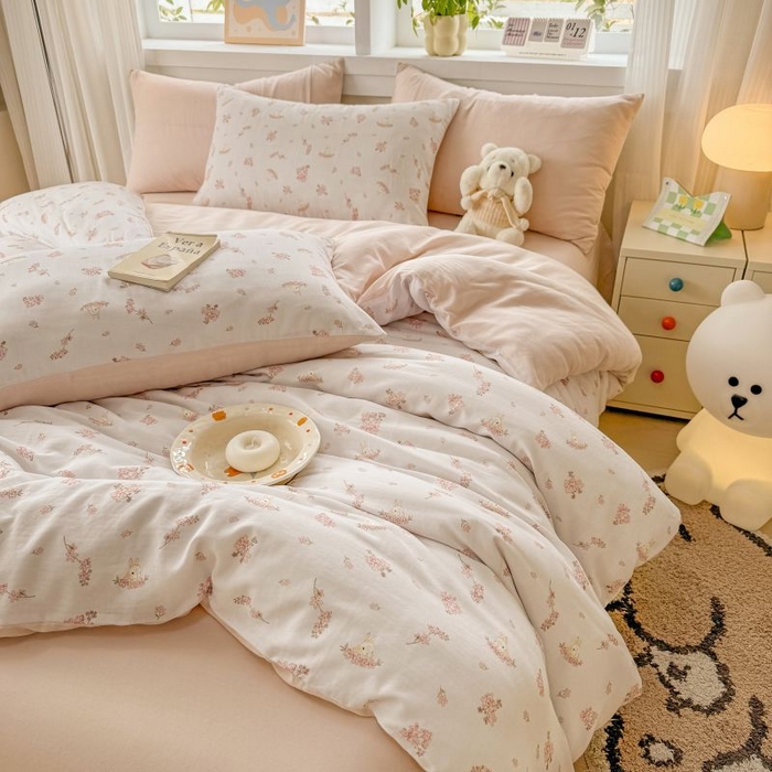 91家纺网 家纺一手货源 找家纺 2025新款40s全棉双层纱圆角吊边款四件套 初颜-粉