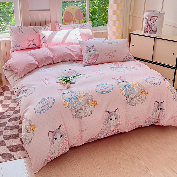 91家纺网 家纺一手货源 找家纺 澳梵家居 2025新款小清新全棉印花四件套 优雅猫咪