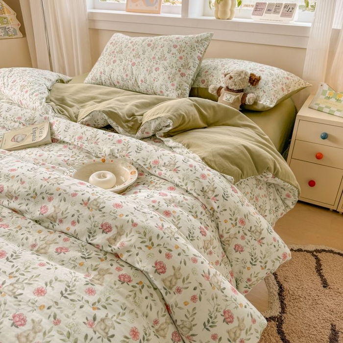 91家纺网 家纺一手货源 找家纺 2025新款40s全棉双层纱圆角吊边款四件套 仙女兔