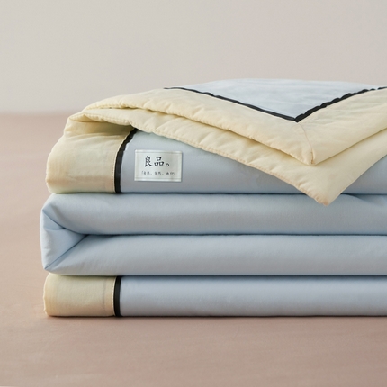 寐绸家纺 2025新款纯棉水洗棉简约双拼大豆纤维夏被四件套 天蓝+米黄