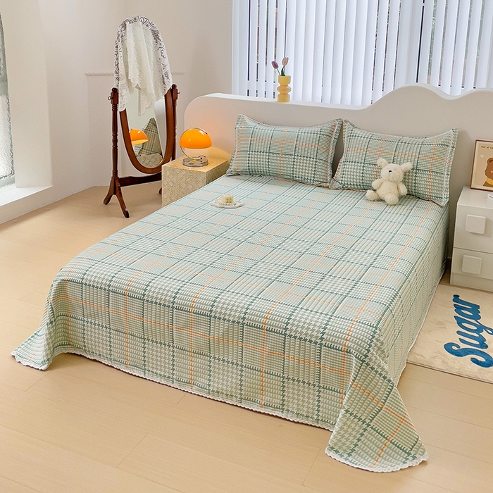 91家纺网 家纺一手货源 找家纺 梵克保罗 2025新款鱼骨棉老粗布凉席花边款床单三件套 千鸟格