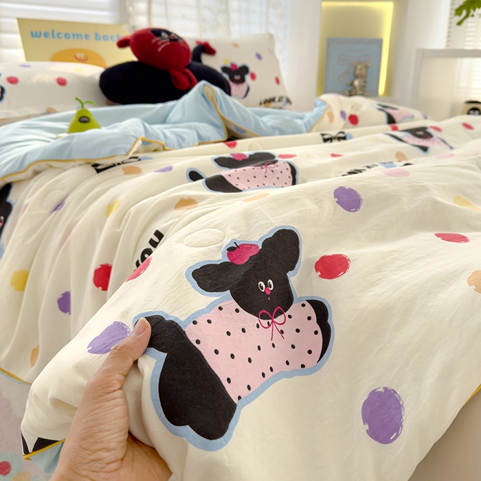 91家纺网 家纺一手货源 找家纺 星巴k家纺 2025新款A类水洗双层纱大豆纤维夏被夏凉被空调被 波点小狗