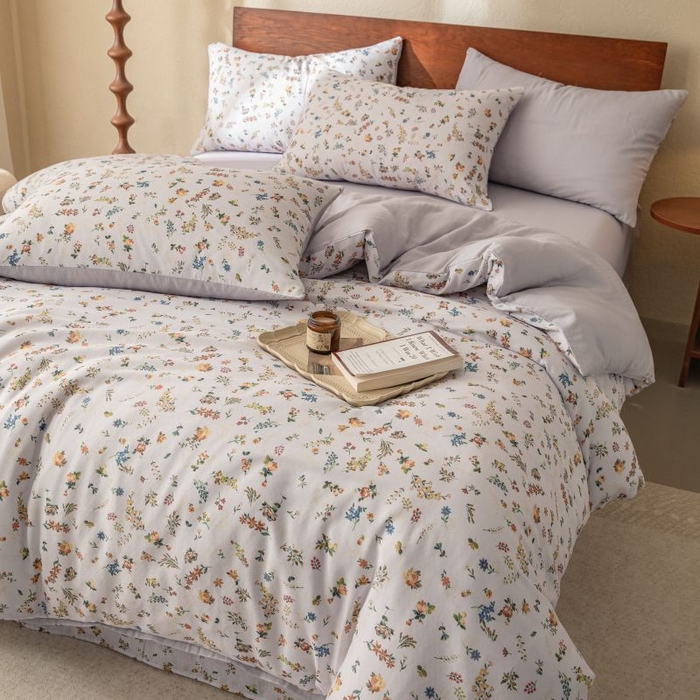 91家纺网 家纺一手货源 找家纺 2025新款40s全棉双层纱圆角吊边款四件套 春色满园-紫