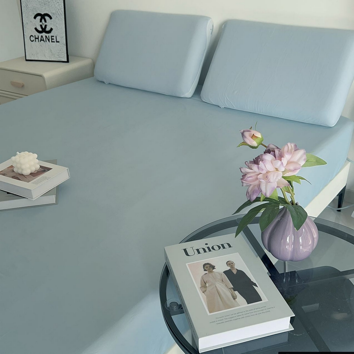 91家纺网 家纺一手货源 找家纺 兜米家居 2025新款纯色全棉床笠 静湖蓝